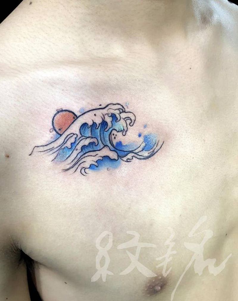 水浪纹身图片_胸部新传统纹身图案