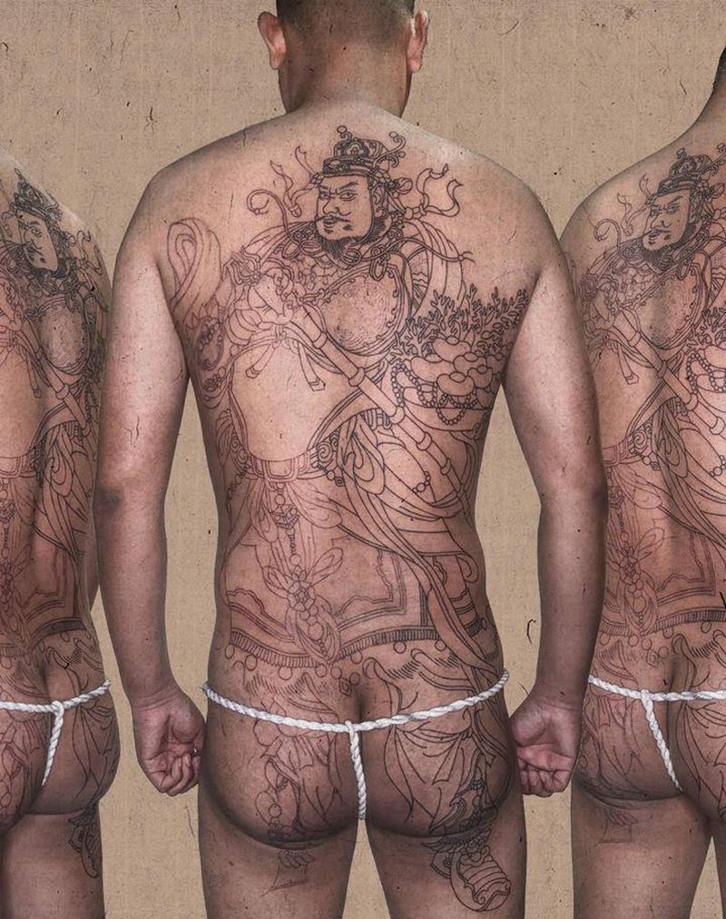 武财神未完成纹身图片_背部老传统纹身图案