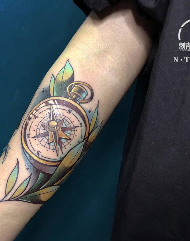 指南针纹身图片_手臂New School指南针纹身图案