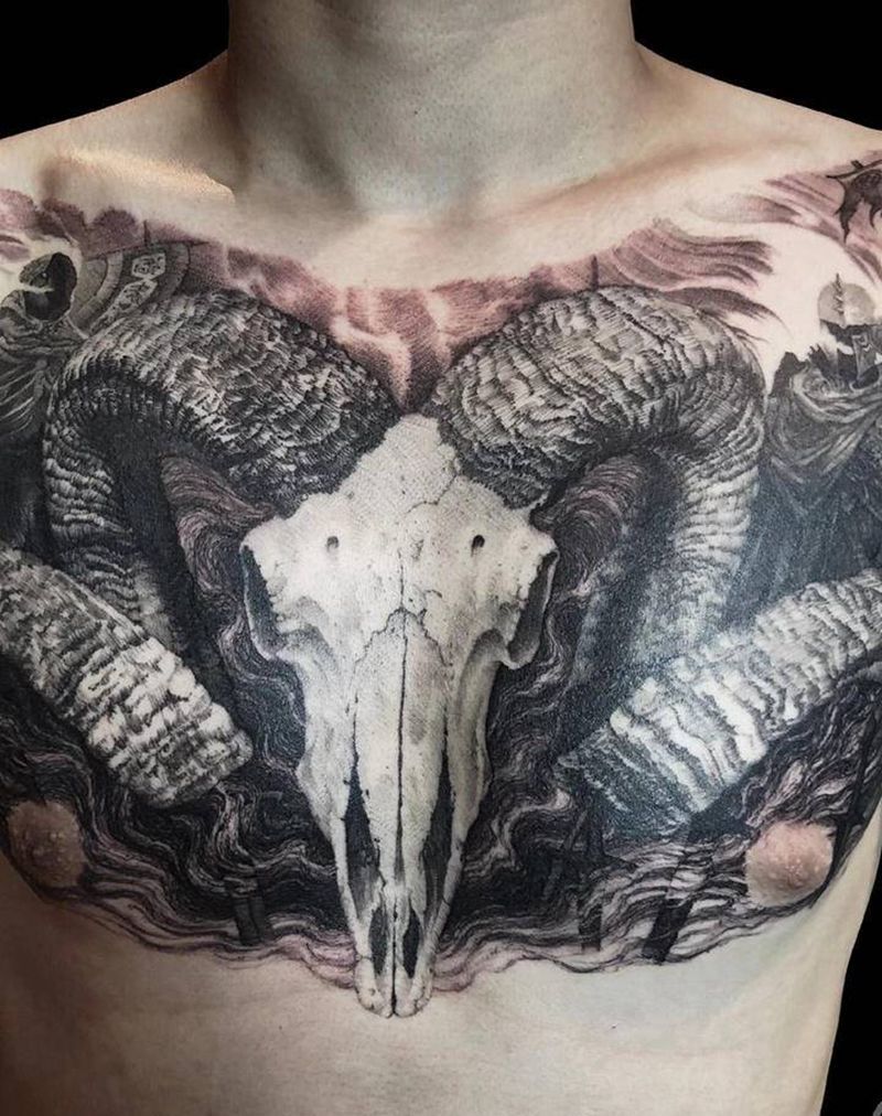 羊头纹身图片_胸部欧美写实羊头羊头骨纹身图案