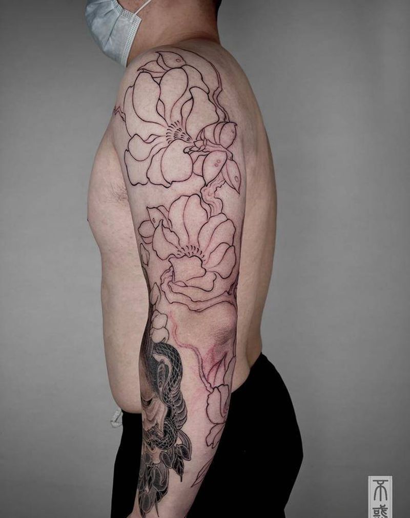 植物生长（茶花）纹身图片_手臂新传统老传统花纹身图案