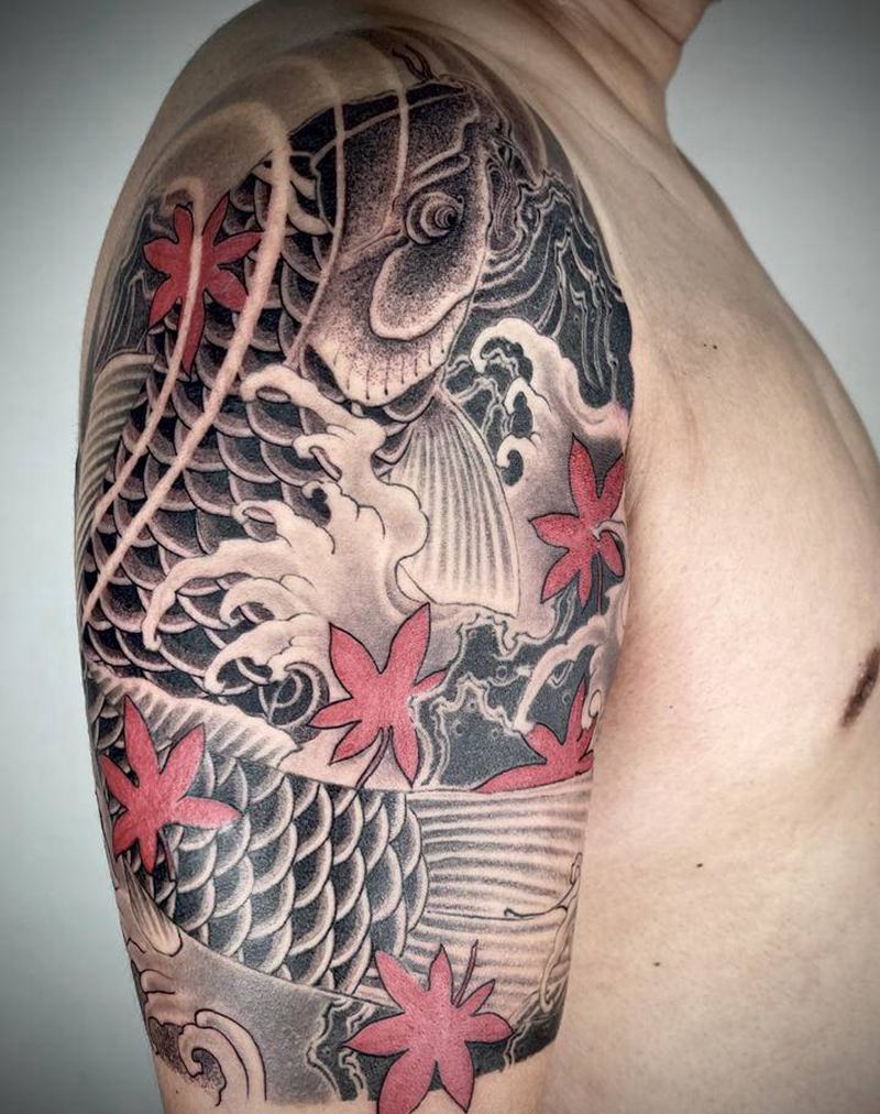 鱼跃纹身图片_手臂新传统老传统鲤鱼纹身图案