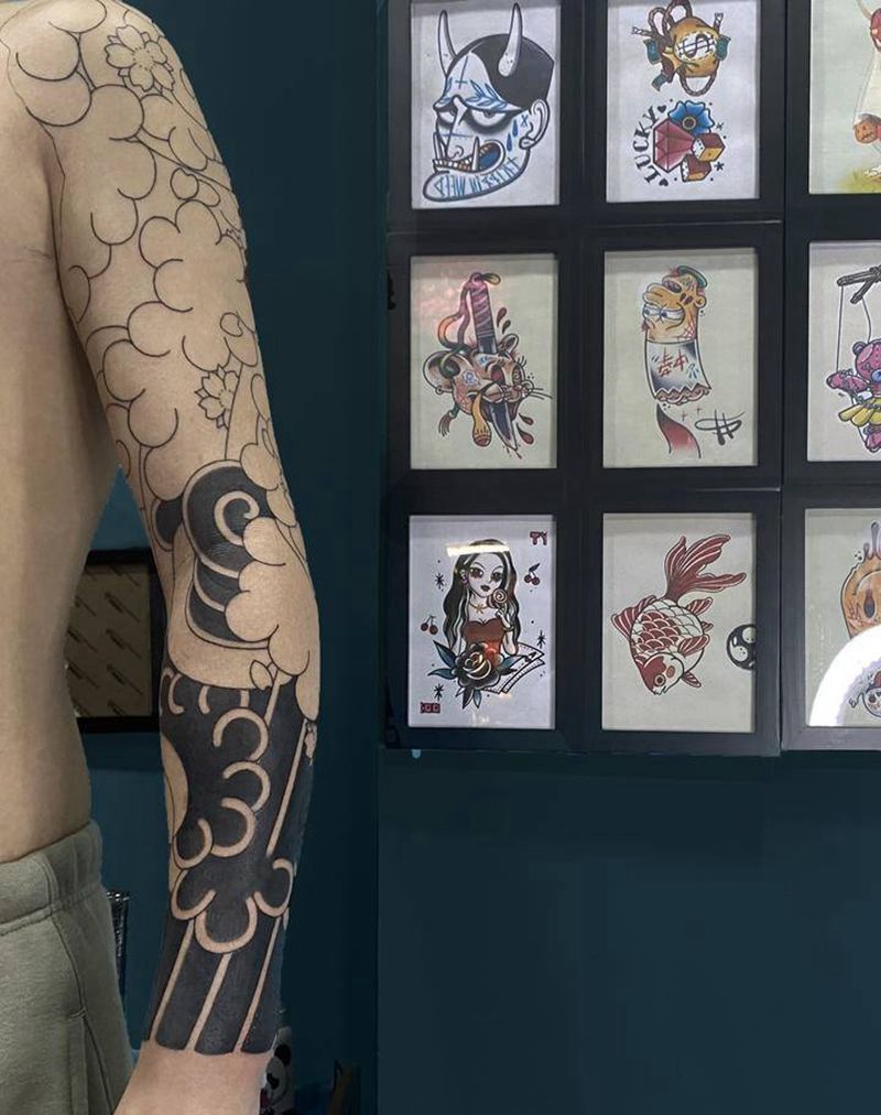 花臂纹身图片_手臂老传统花臂纹身图案