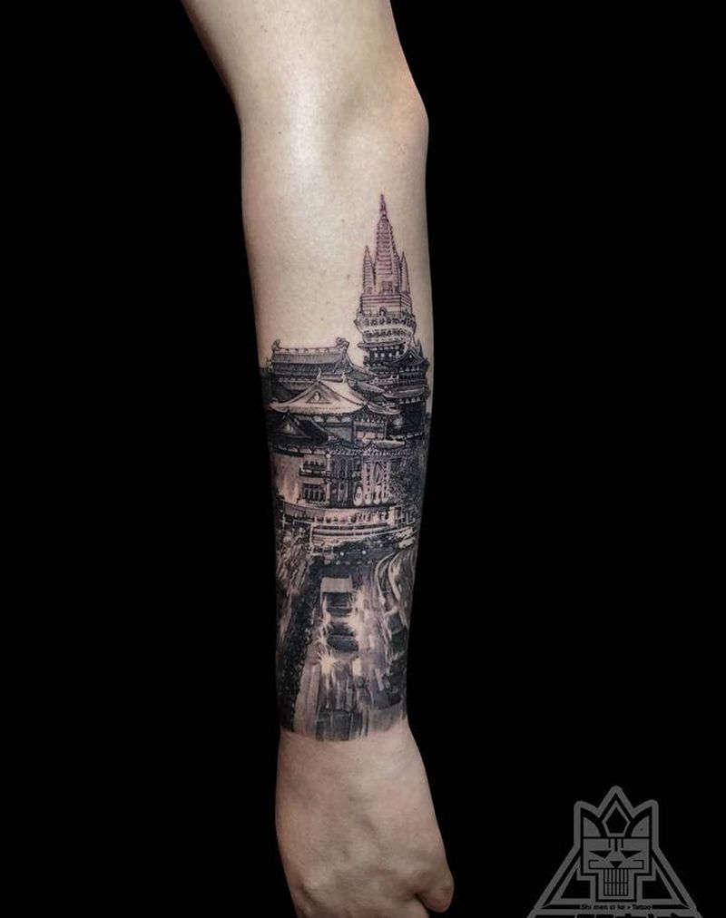 静安寺纹身图片_手臂欧美写实素描写实静安寺建筑纹身图案