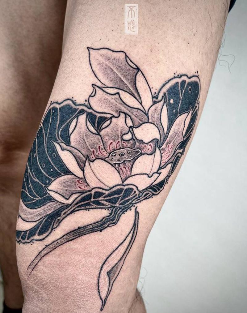 荷花【遮盖作品】纹身图片_腿部新传统荷花纹身图案