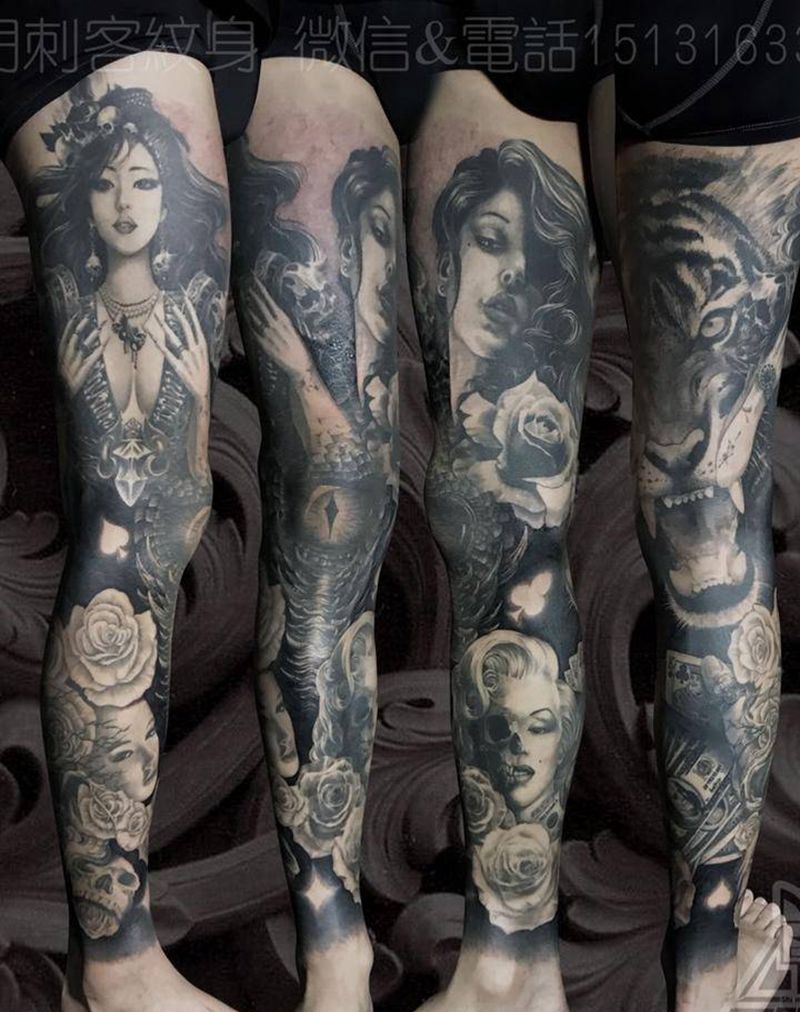 欧美花腿纹身图片_成品腿部欧美写实肖像人物动物静物纹身图案