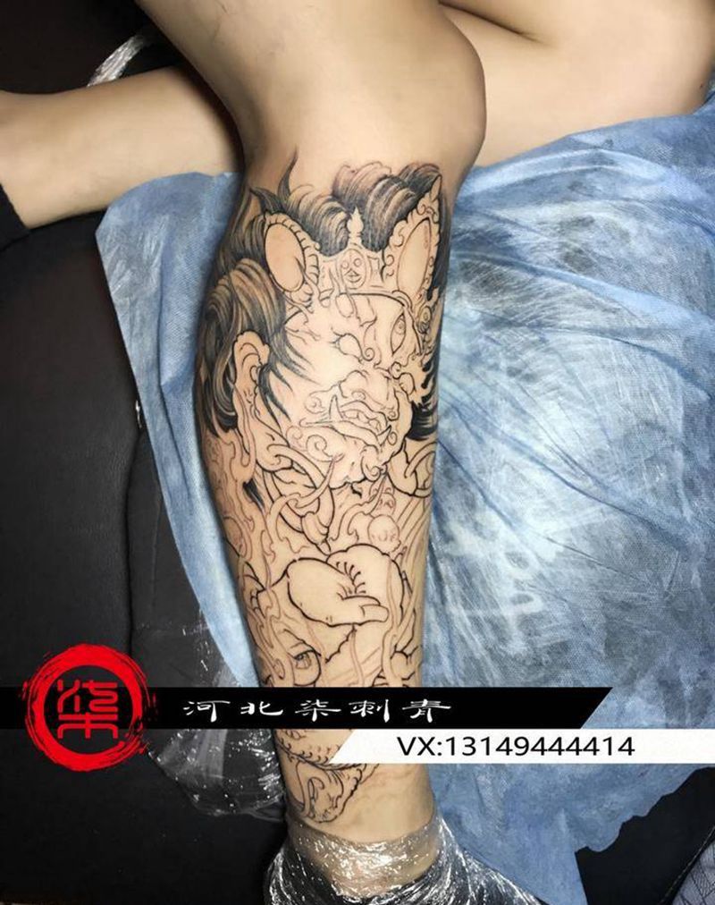 重彩大黑天包小腿纹身图片_成品腿部脚部传统国画习俗鬼神宗教纹身图案
