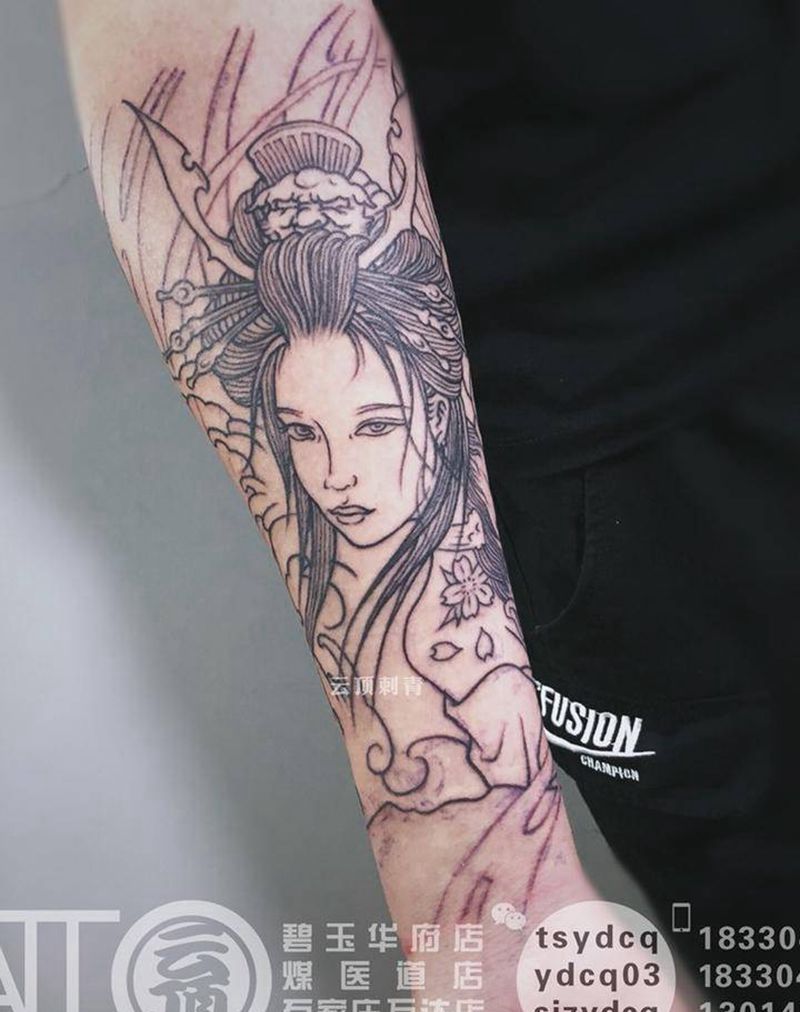 艺妓纹身图片_成品手臂传统人物原创纹身图案
