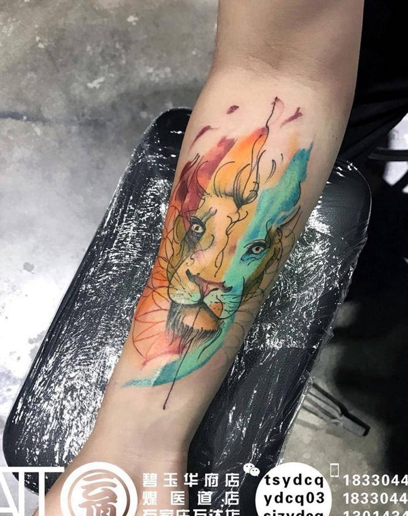 泼墨 狮子纹身图片_成品手臂欧美动物原创纹身图案