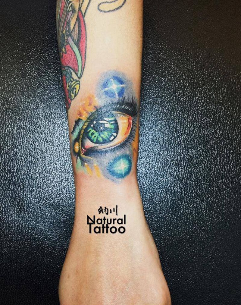 眼睛纹身图片_成品手臂欧美写实人物宗教重彩遮盖疤痕纹身图案