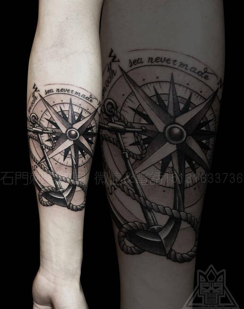 罗盘船锚纹身图片_成品手臂欧美写实静物纹身图案