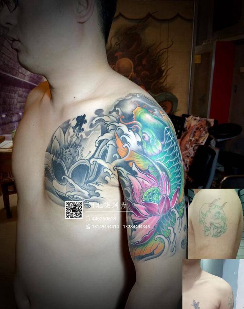 半胛遮盖纹身图片_成品肩部胸部传统动物植物纹身图案