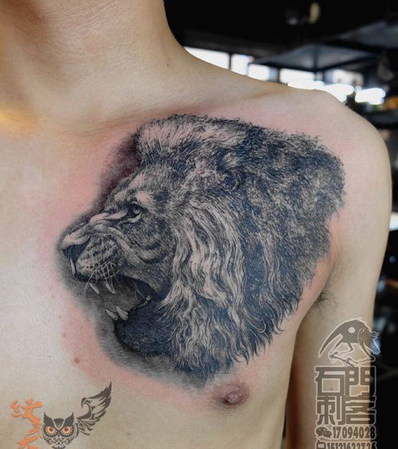 素描狮子纹身图片_欧美写实动物胸部原创纹身图案