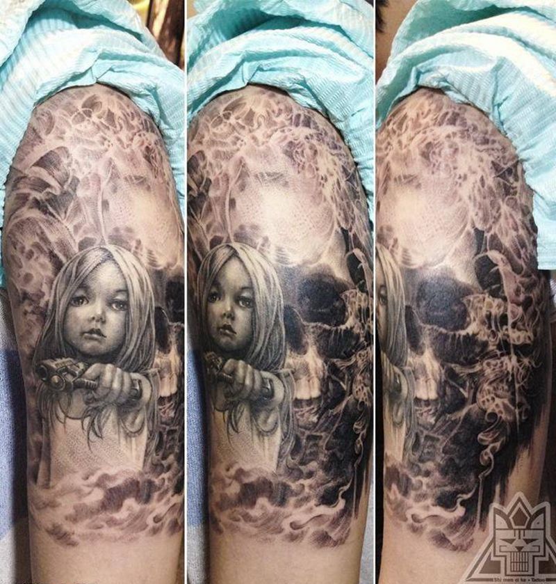 战争纹身图片_成品手臂欧美写实人物纹身图案