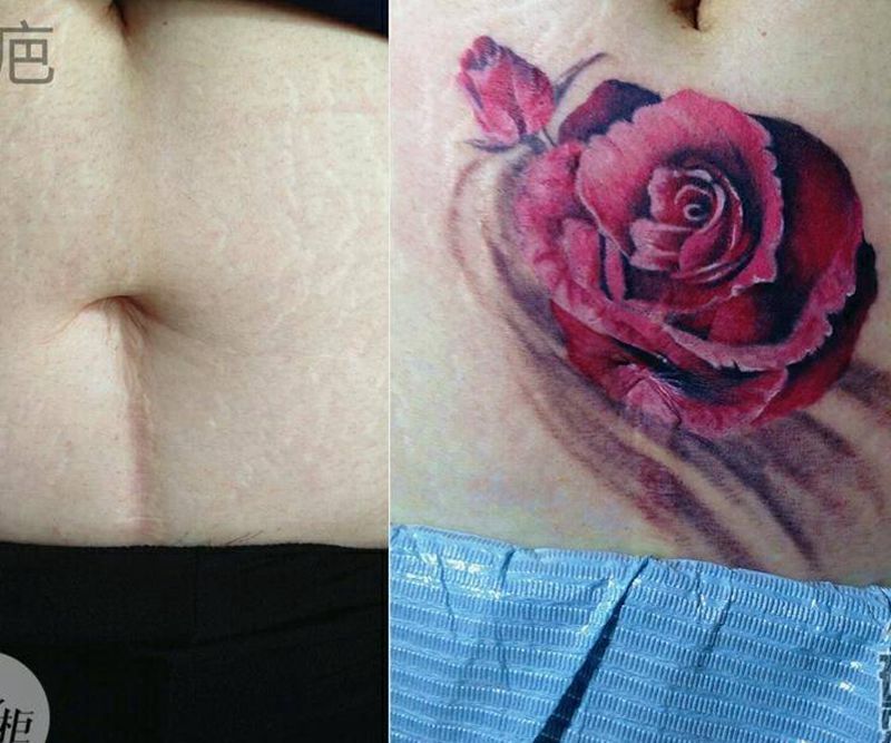 腹部遮疤纹身图片_欧美写实腹部植物原创纹身图案