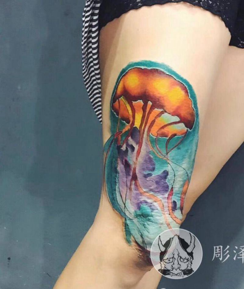 水母纹身图片_腿部纹身图案