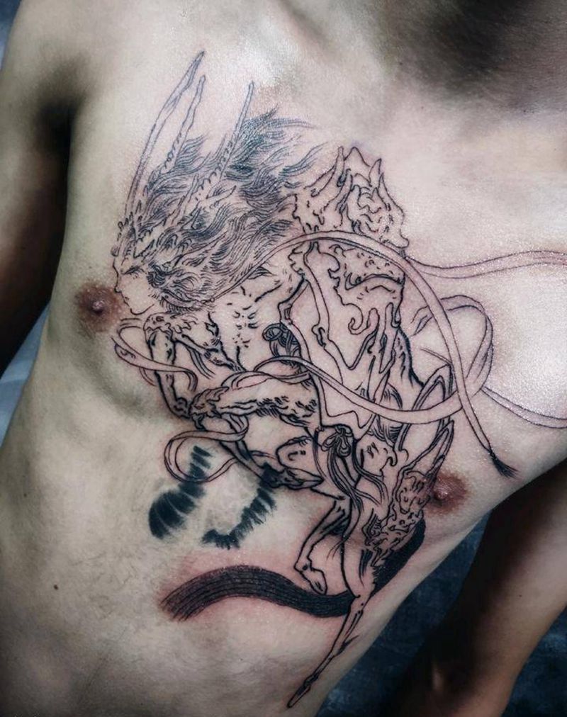 山海经人面马身神（遮盖未完）纹身图片_胸部新传统山海经纹身图案