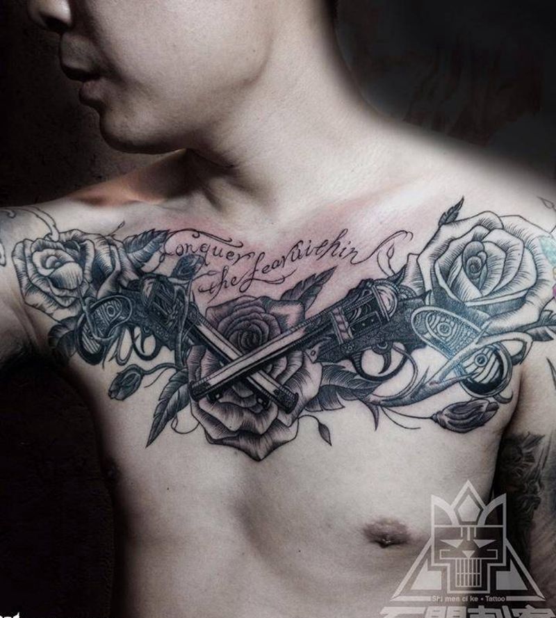 双枪线描花胸纹身图片_成品胸部欧美纹身图案