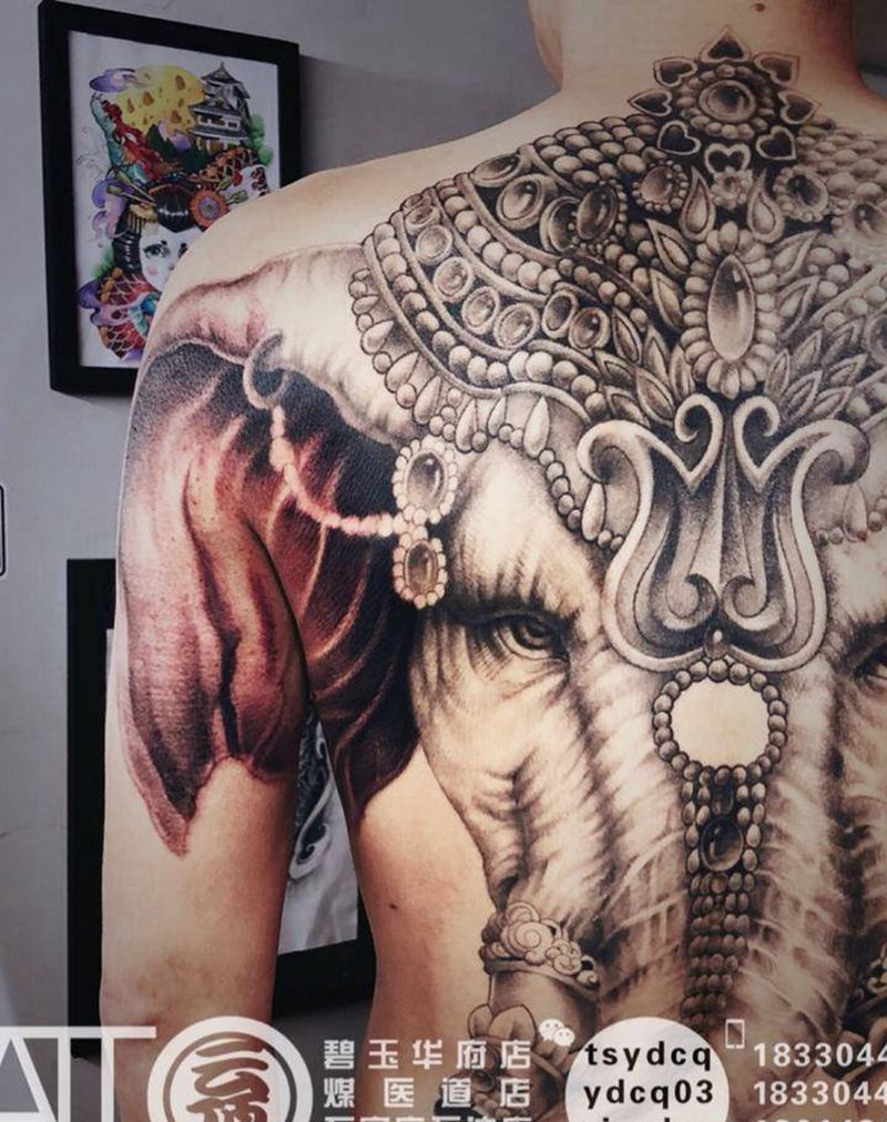 象神 未完待续纹身图片_成品背部传统写实习俗动物鬼神宗教原创纹身图案