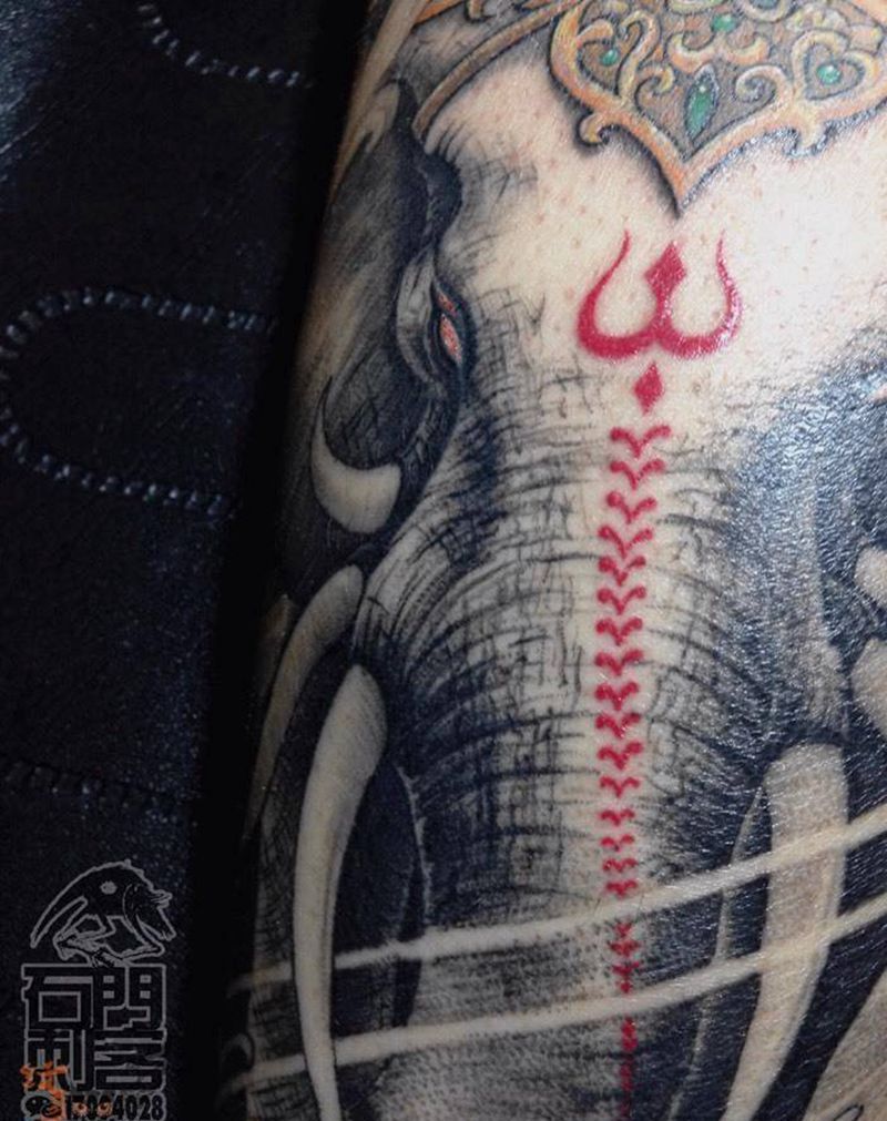 六牙白象纹身图片_传统写实动物宗教原创腿部纹身图案