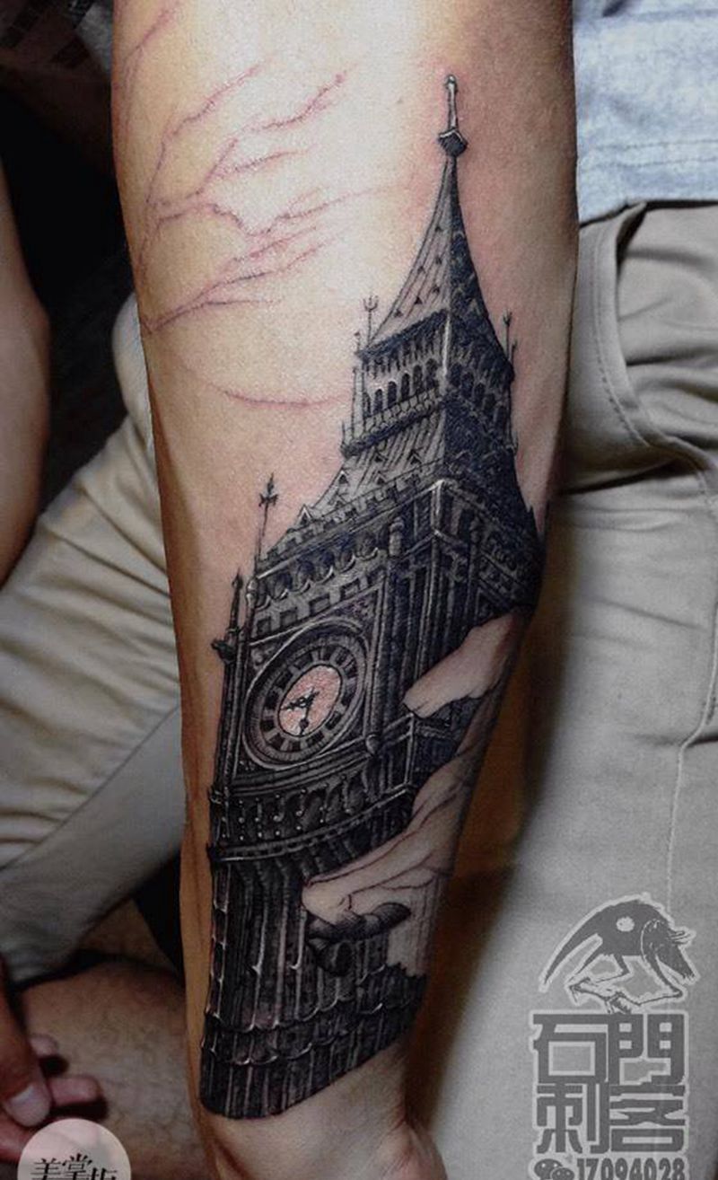 钟塔纹身图片_欧美写实静物原创手臂纹身图案