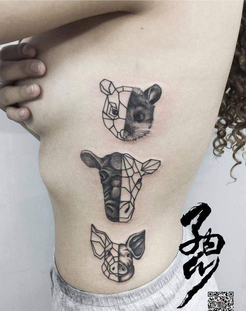 一家人的属相纹身图片_成品腰部欧美清新写实几何动物原创卡通黑白纹身图案