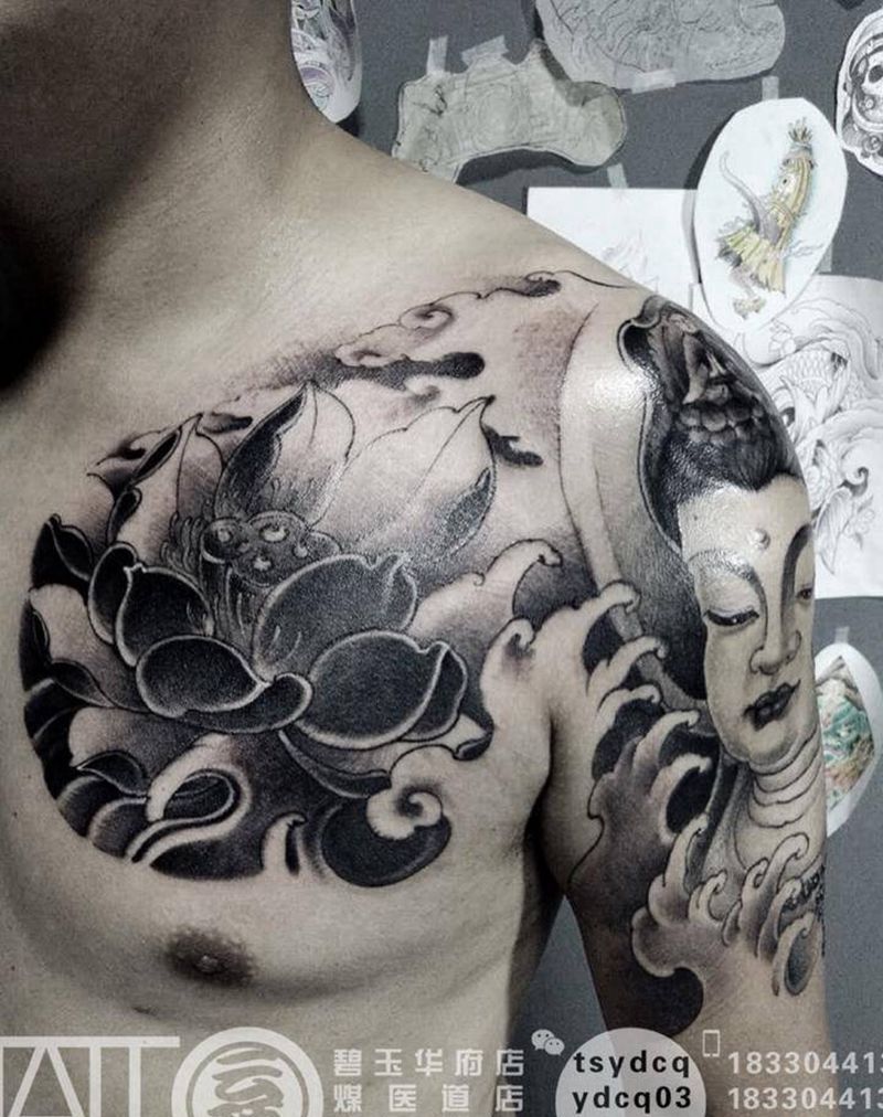 观音 莲花半胛纹身图片_成品胸部手臂传统习俗人物鬼神原创宗教纹身图案