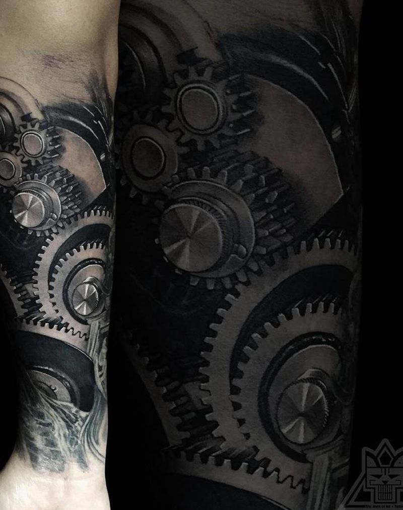 齿轮纹身图片_成品手臂欧美写实原创静物几何机械纹身图案