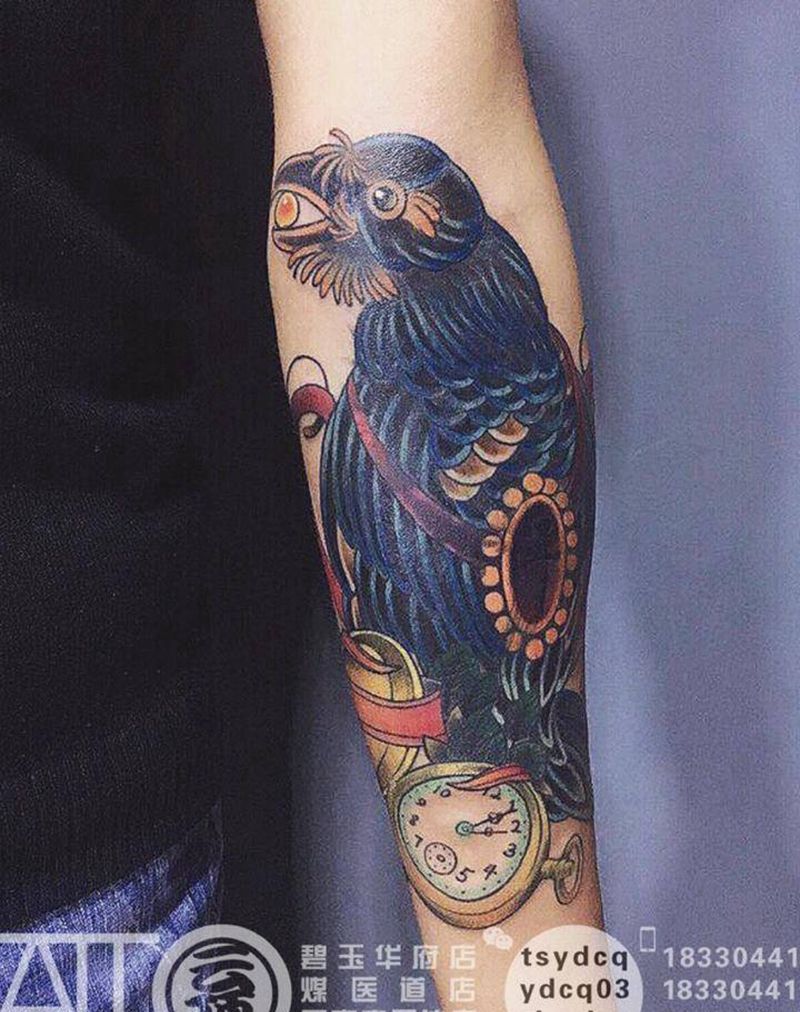 school乌鸦强力老纹身纹身图片_成品手臂欧美动物原创纹身图案