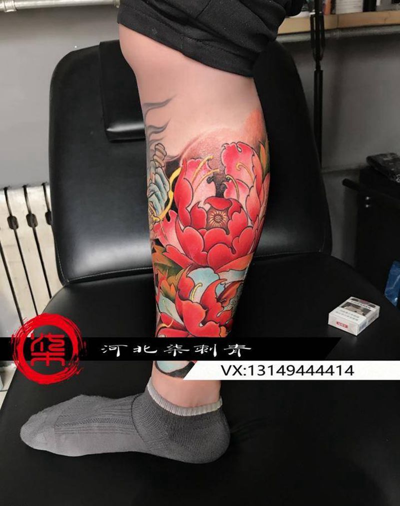重彩包小腿纹身图片_成品腿部传统肖像欧美植物鬼神宗教纹身图案