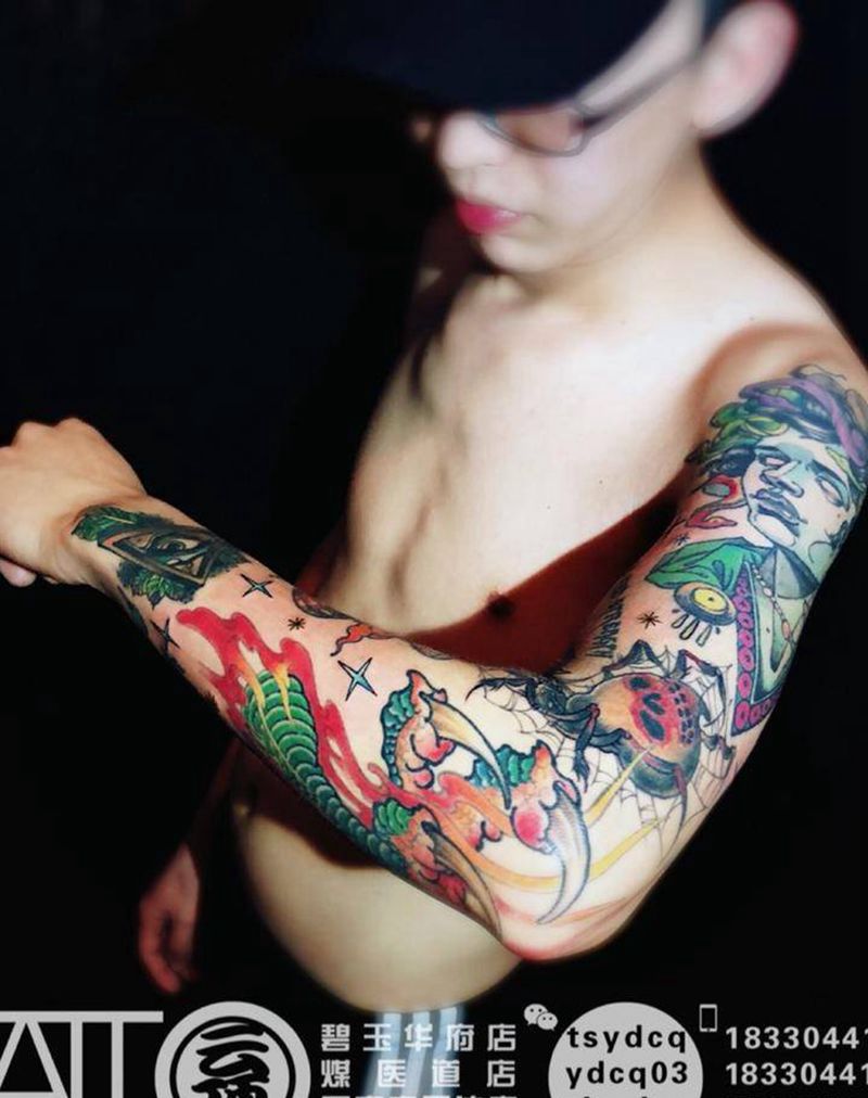 欧美花臂拼接纹身图片_成品手臂欧美动物人物植物静物原创纹身图案