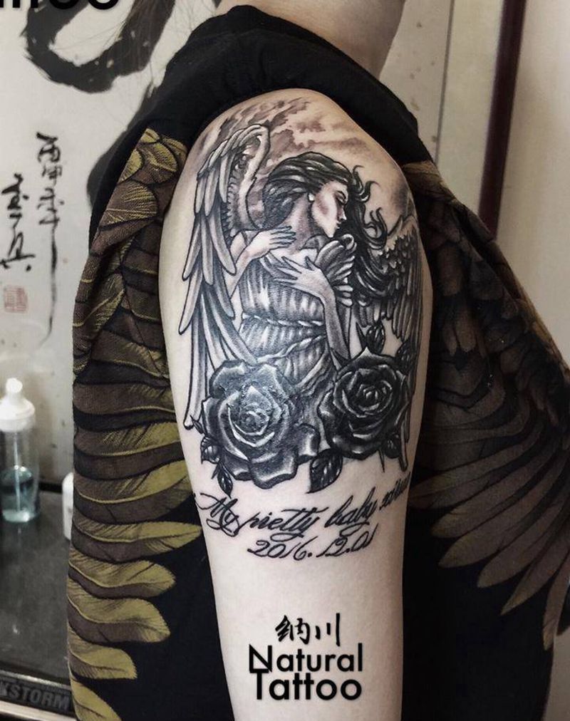 天使守护着宝宝纹身图片_成品手臂欧美写实肖像植物原创黑白纹身图案