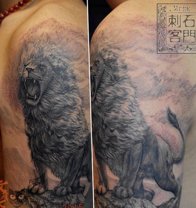狮子纹身图片_成品手臂欧美写实动物原创狮子纹身图案