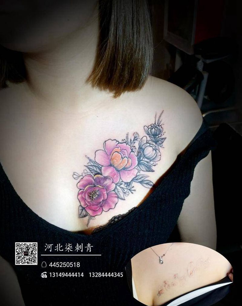 疤痕遮盖纹身图片_成品胸部传统清新植物纹身图案