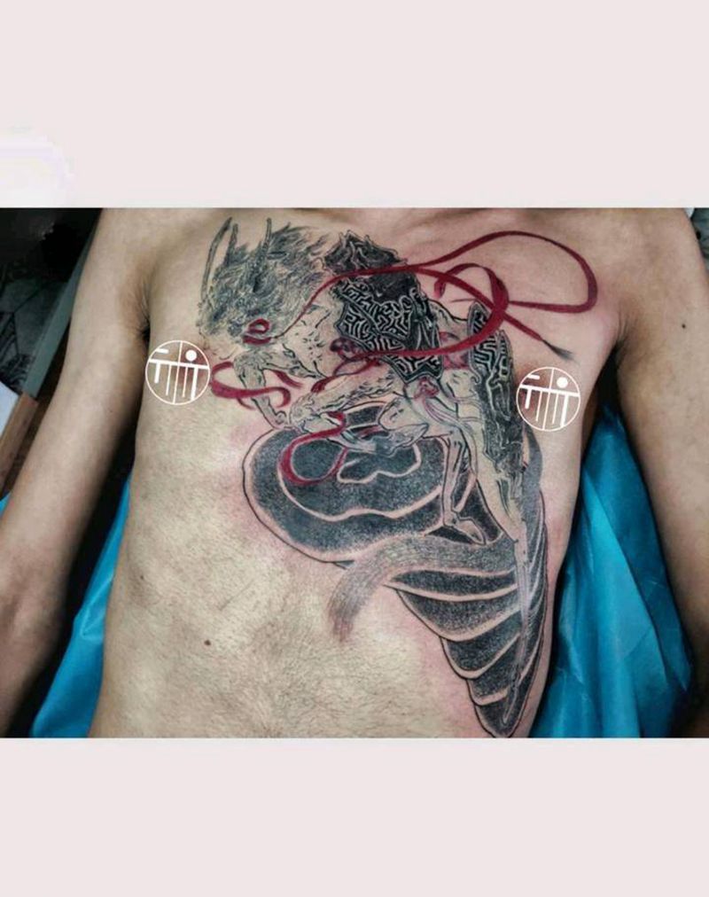 山海经人首马身神纹身图片_胸部新传统山海经纹身图案