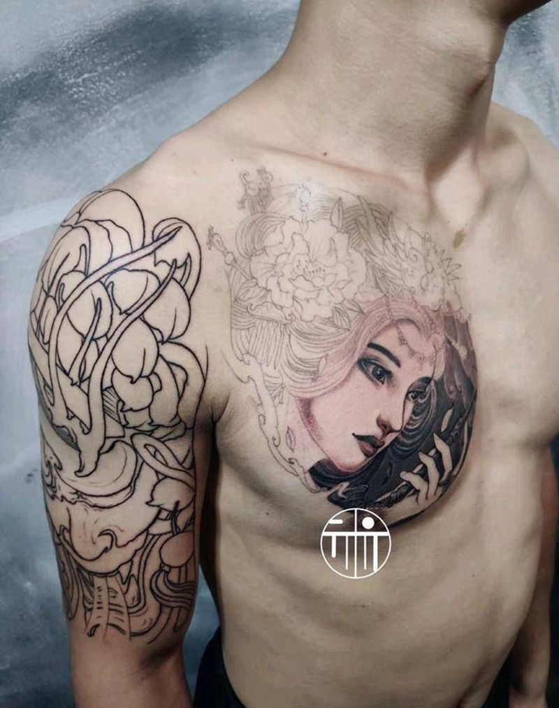 艺妓新进度纹身图片_胸部新传统般若艺妓纹身图案