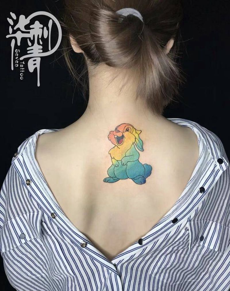 爆笑兔子纹身图片_成品颈部肩部传统欧美清新动物纹身图案