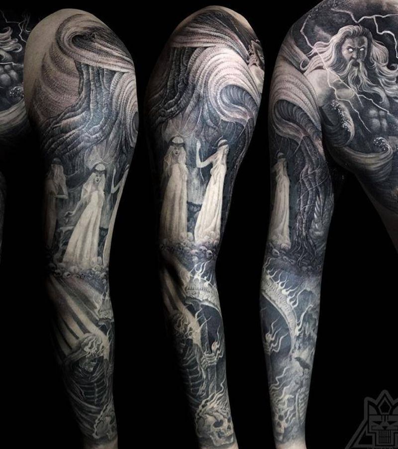 花臂纹身图片_成品手臂欧美写实肖像人物宗教鬼神纹身图案