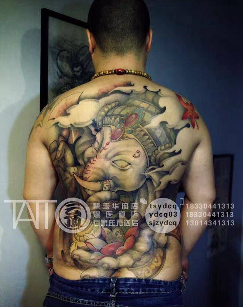 满背 象神纹身图片