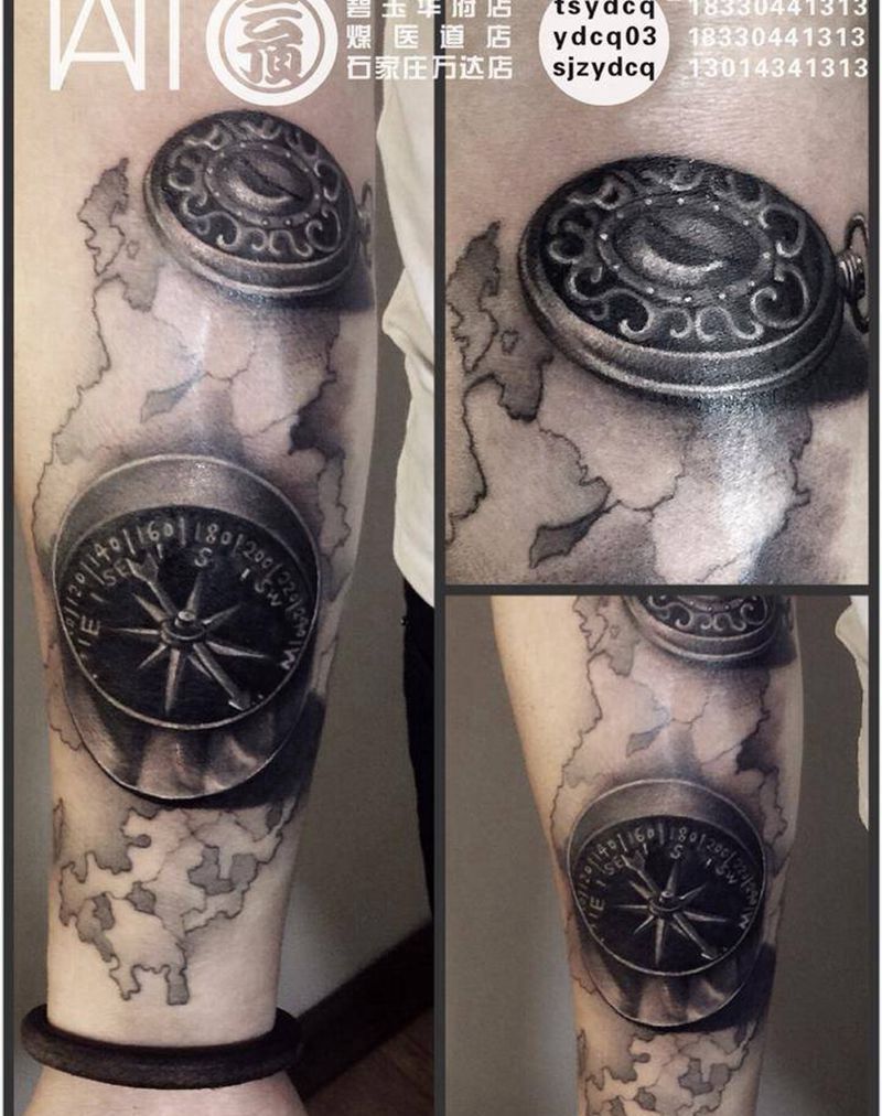 指南针纹身图片_成品手臂写实欧美静物原创纹身图案