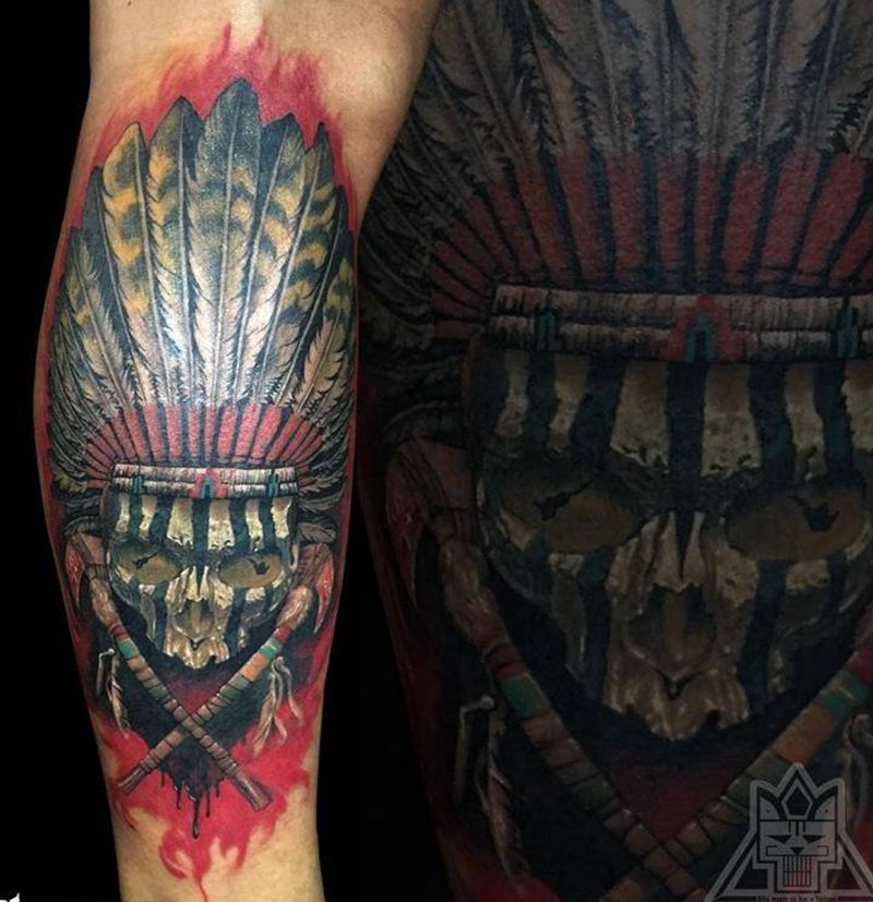 印第安骷髅纹身图片_成品腿部欧美写实人物鬼神纹身图案