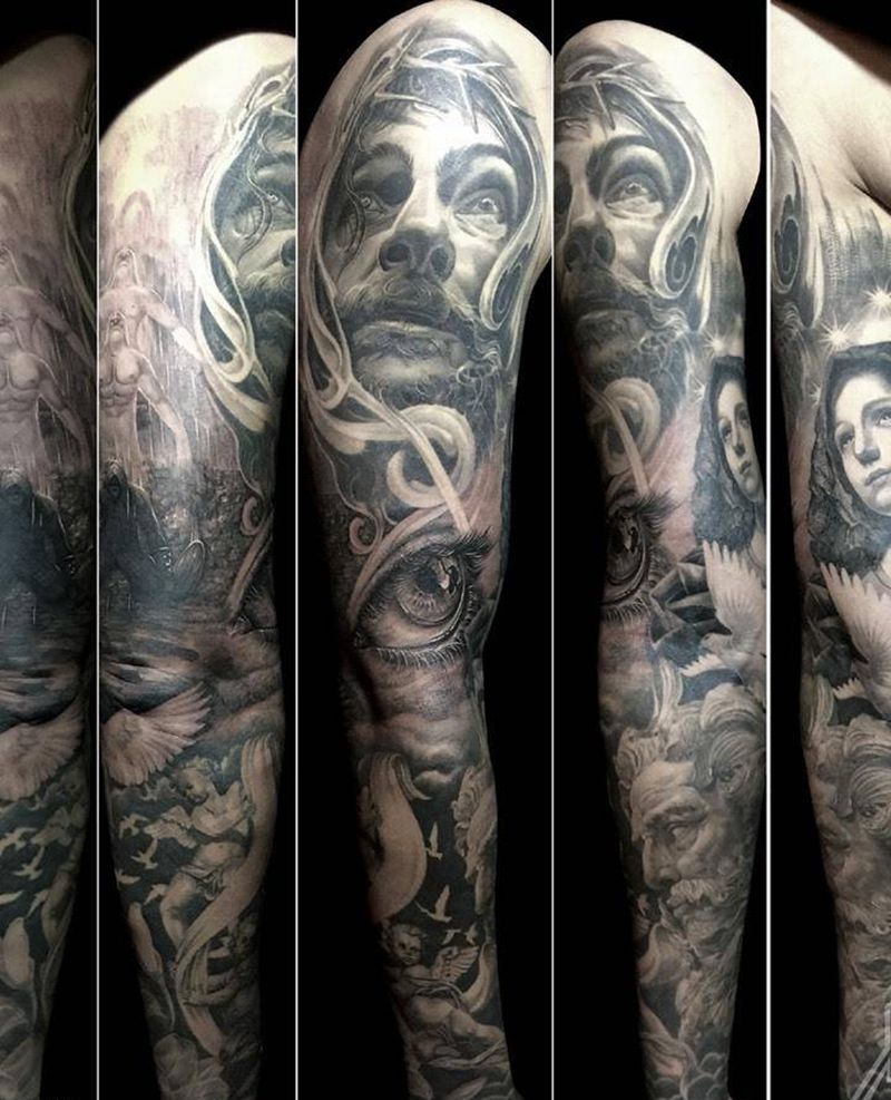 花臂纹身图片_成品手臂欧美写实肖像人物鬼神宗教原创纹身图案