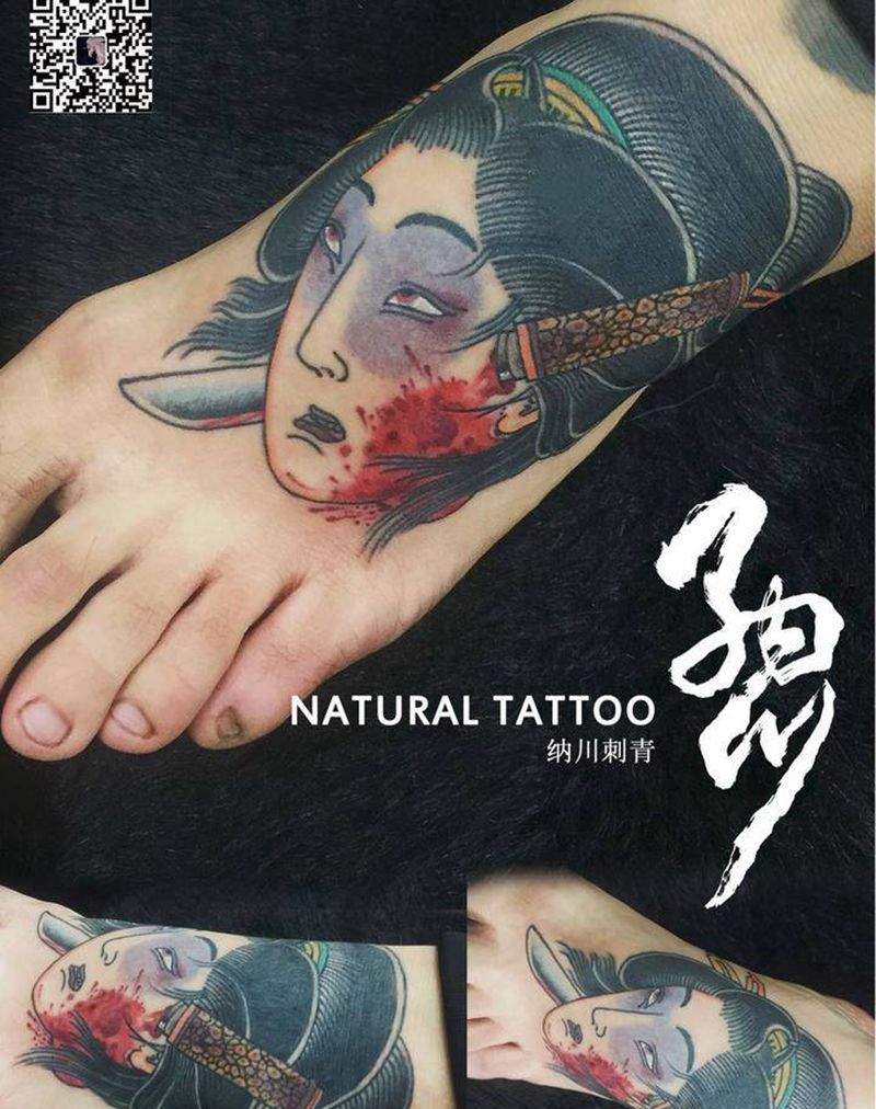 日式生首纹身图片_成品脚部传统肖像鬼神人物日式新派纹身图案