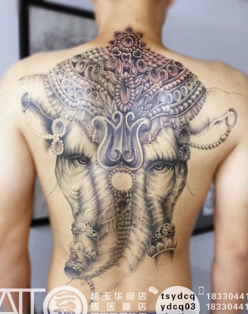 写实风格象神纹身图片_成品背部传统写实动物鬼神原创纹身图案