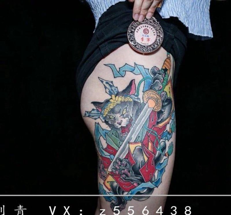 猫纹身图片_腿部老传统纹身图案