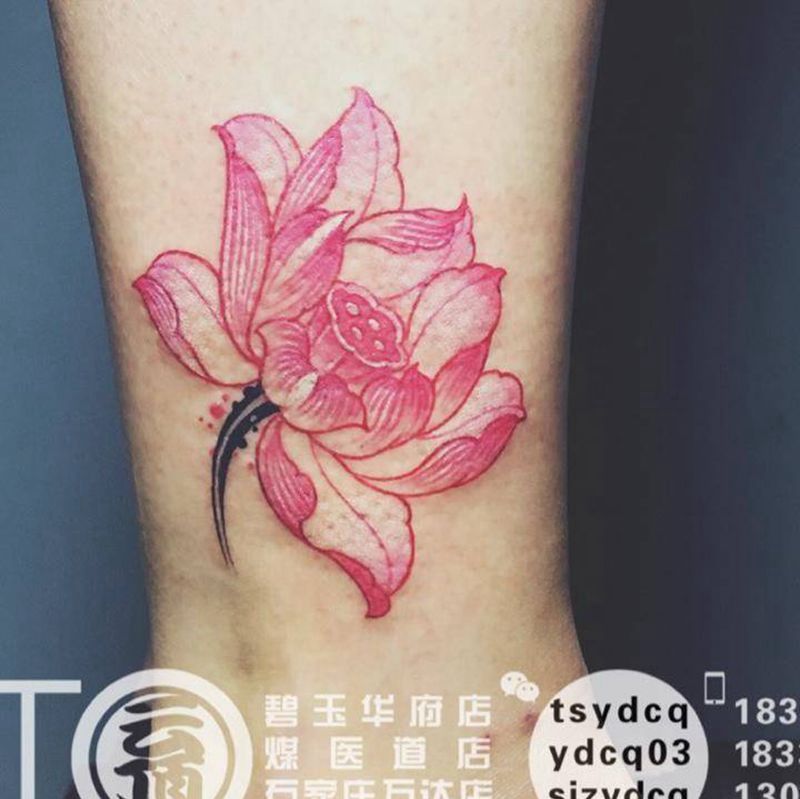 莲花纹身图片_成品腿部传统清新植物原创纹身图案