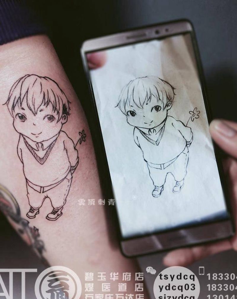 客人自己画的图案哦纹身图片_成品手臂欧美清新肖像人物原创纹身图案