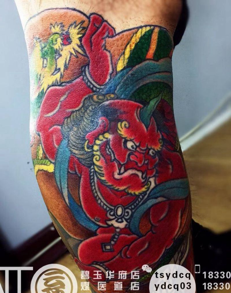 风神 未完待续纹身图片_成品腿部传统鬼神人物原创宗教纹身图案