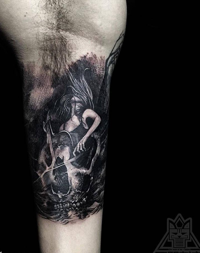 琴纹身图片_成品手臂欧美写实人物静物纹身图案