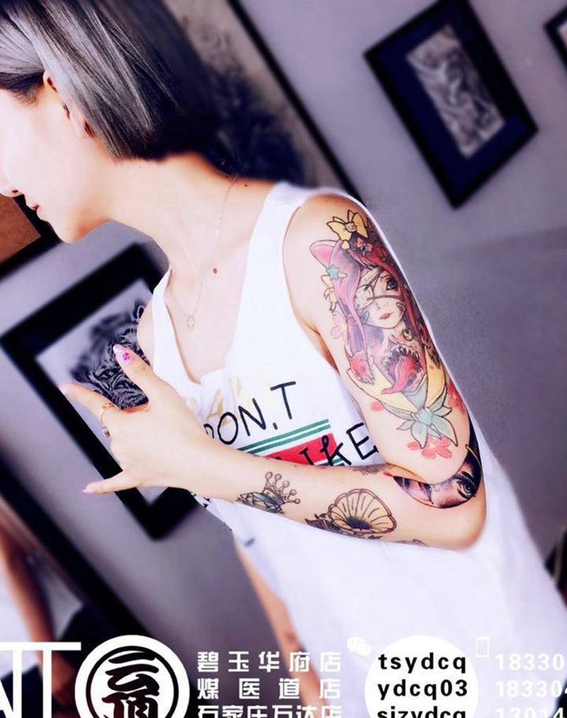 欧美花臂拼接纹身图片_成品手臂欧美原创动物植物纹身图案